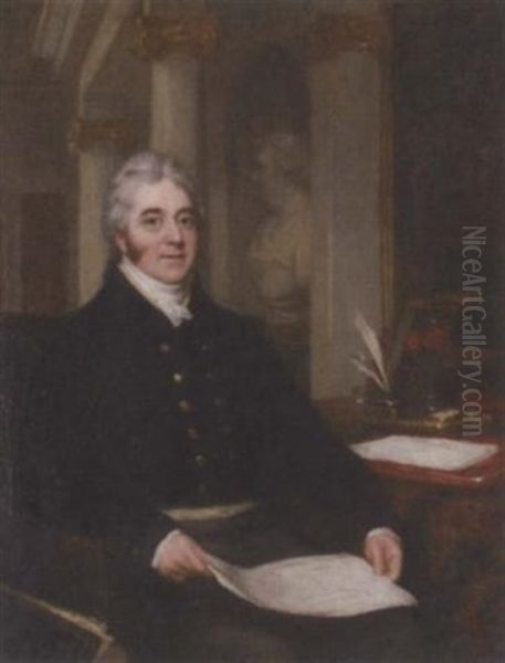 Portrait Of A Gentleman Holding Architectural Drawings, In A Neo-classical Interior Oil Painting by John Partridge