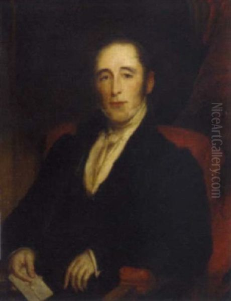 Portrait Of A Gentleman In A Black Jacket And Cravat, Holding A Letter In His Right Hand Oil Painting by John Partridge