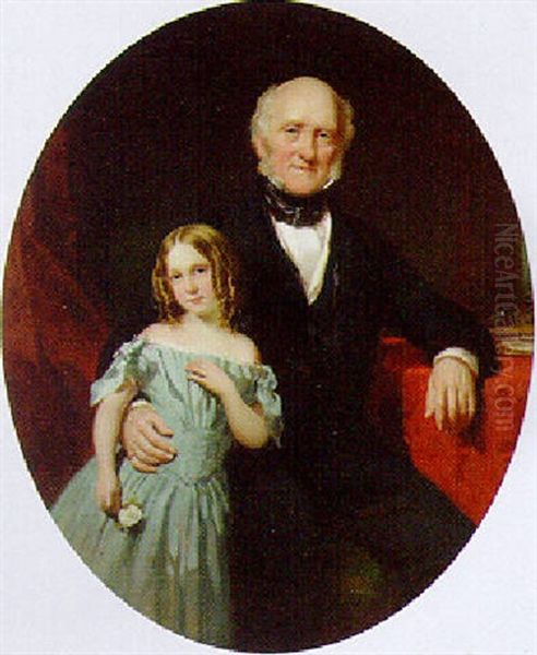 Portrait Of A Gentleman And His Daughter In A Blue Dress By A Red Draped Table Oil Painting by John Partridge