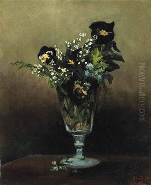 Dark Flowers In A Vase Oil Painting by Seker Ahmet Pasa