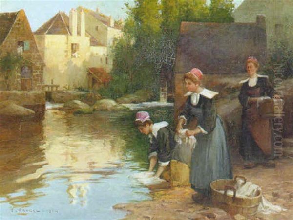 Washerwoman By A River Oil Painting by Paul Pascal