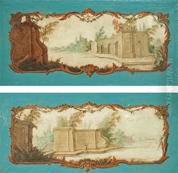 Overdoors With Fountains In Landscapes (pair) Oil Painting by Johan Pasch the Elder