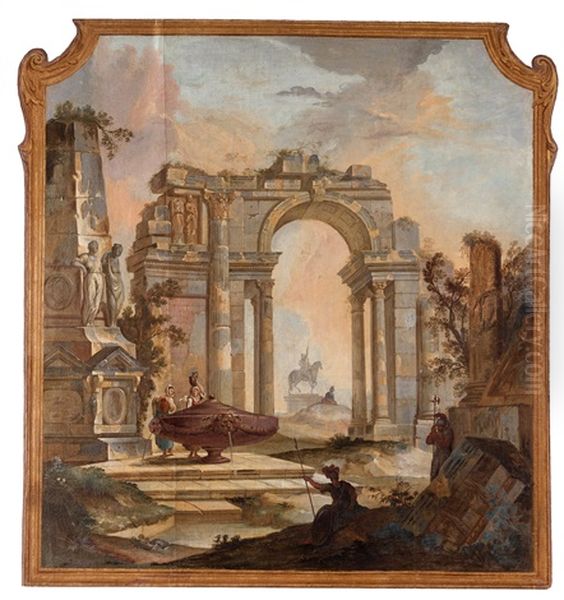 Ruinlandskap Med Rastande Soldater (wall Panel) Oil Painting by Johan Pasch the Elder