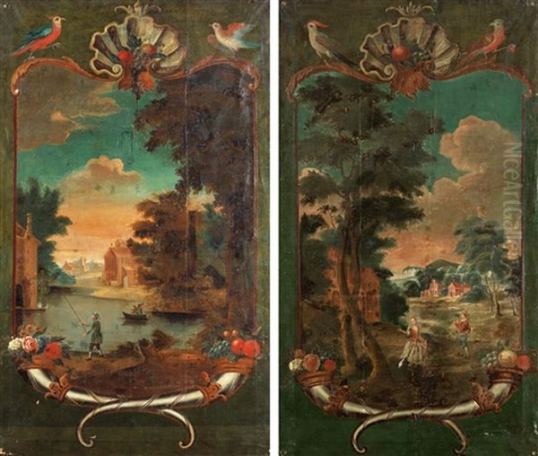 Vaggfalt Med Landskapsvyer, Nedtill Med Ymnighetshorn, Upptill Med Mussla Och Parstallda Papegojor (pair) Oil Painting by Johan Pasch the Elder