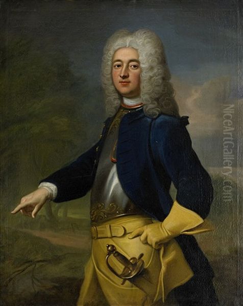 Portratt Av Greve Axel Gabriel Oxenstierna Af Croneborg (1679-1755) Kladd I Brostharnesk Och Karolineruniform - Staende Knastycke Oil Painting by Lorenz Pasch the Elder