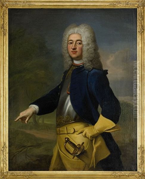 Portratt Av Greve Axel Gabriel Oxenstierna Af Croneborg (1679-1755) Kladd I Brostharnesk Och Karolineruniform - Staende Knastycke Oil Painting by Lorenz Pasch the Elder