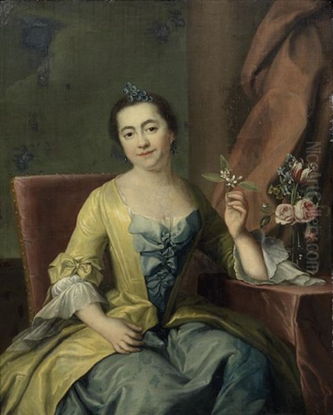 Portrait Of A Lady, Three-quarter-length, In A Blue Dress, Seated, Holding A Flower Oil Painting by Ulrika (Ulla Fredrica) Pasch