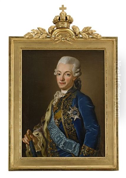 Portratt Av Gustav Iii Kladd I Bla Sammetsrock Med Guldbrodyr, Barandes Serafimerordens Ljusbla Band Och Kraschan Samt En Hermelinbramad Mantel, Hallandes I Hoger Hand En Bla Kronstrodd Kommandostav - Midjebild (after Lorens Pasch The Younger) by Ulrika (Ulla Fredrica) Pasch