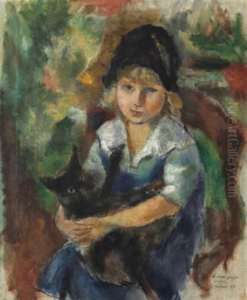 Fillette Au Chat (portrait De Ruth Wood-gaylor) Oil Painting by Jules Pascin