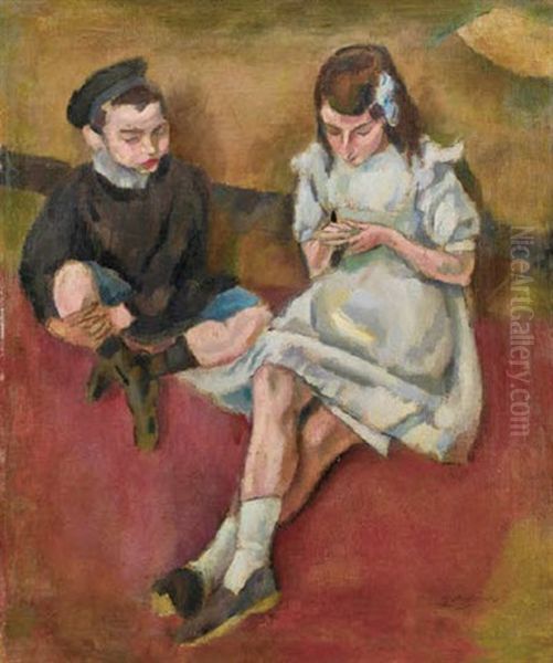 Un Garcon Et Une Fille Assis Dos Au Mur Oil Painting by Jules Pascin