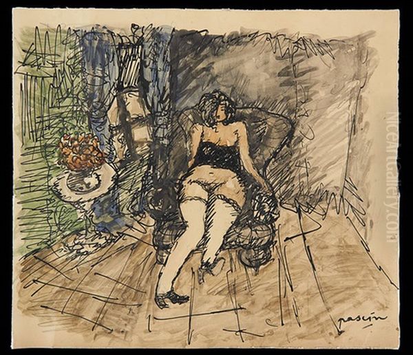 Jeune Fille Au Sofa Oil Painting by Jules Pascin