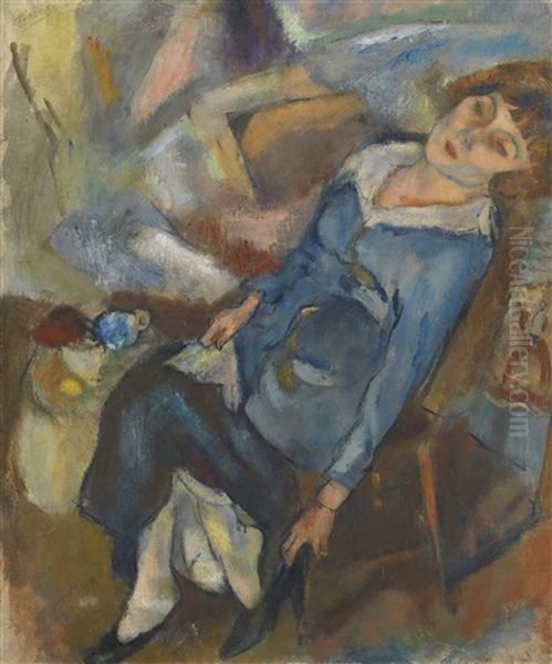 Hermine David Mettant Son Soulier Oil Painting by Jules Pascin