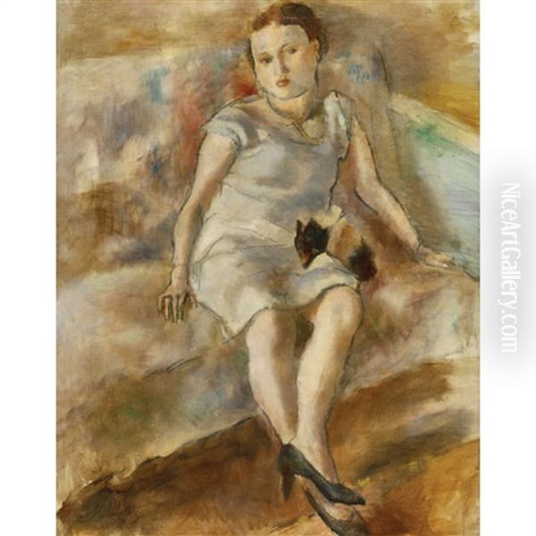 Young Woman With A Little Dog Oil Painting by Jules Pascin