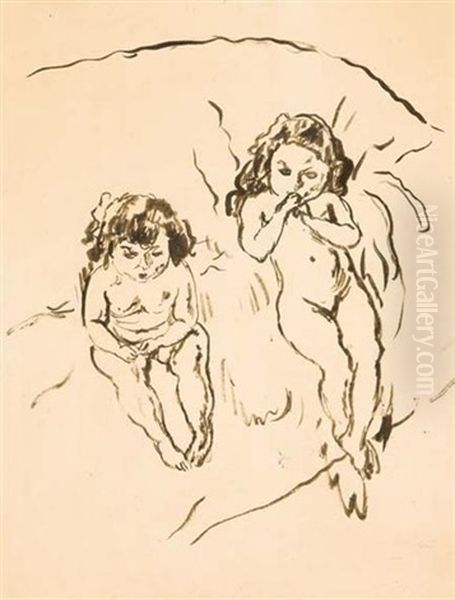 Two Children Oil Painting by Jules Pascin