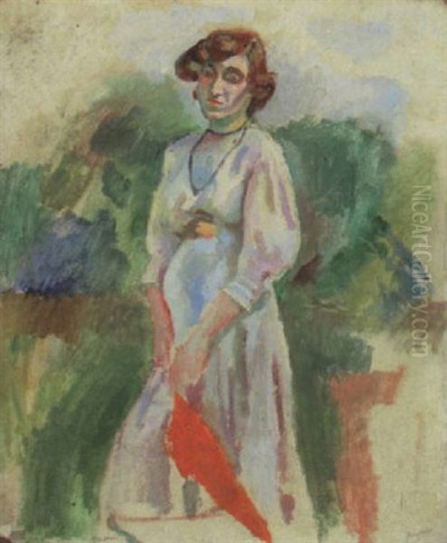 Hermine A L'ombrelle Rouge Oil Painting by Jules Pascin