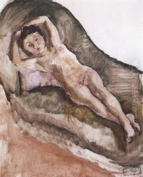 Jeune Fille Au Sofa Vert Oil Painting by Jules Pascin