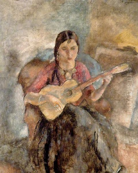 Romanichelle A La Guitare Oil Painting by Jules Pascin