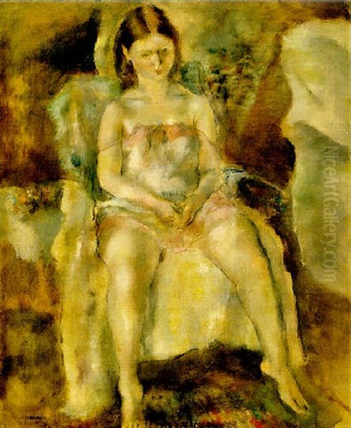 Jeune Fille Assise (opalescent) Oil Painting by Jules Pascin