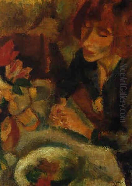 Femme Et Fleurs (hermine David) Oil Painting by Jules Pascin