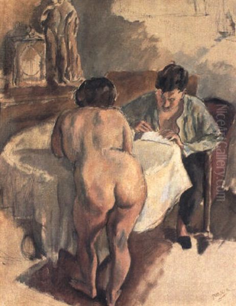 Peintre Et Modele Autour D'une Table Oil Painting by Jules Pascin