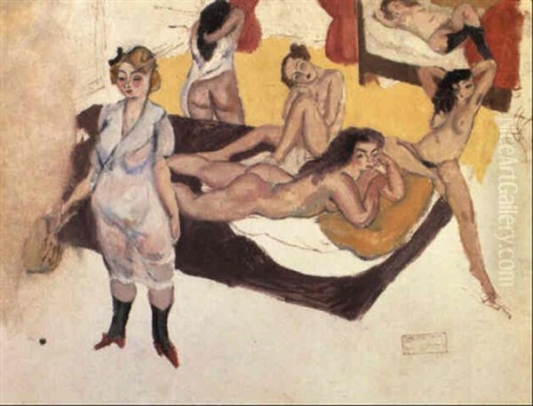 Femmes Nues Au Divan Oil Painting by Jules Pascin