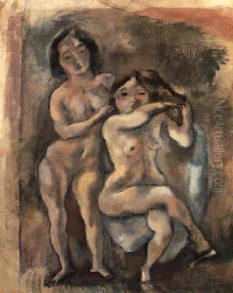 Brune Coiffant Blonde Oil Painting by Jules Pascin