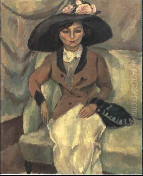 Woman Wearing Hat With Roses Oil Painting by Jules Pascin