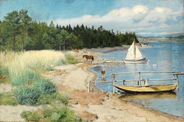 Strandparti Med Lekende Gutt 1886 Oil Painting by Andreas Schelven Sc. Bloch