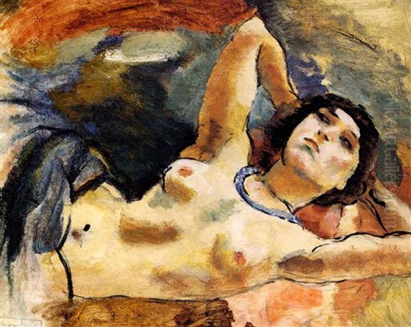 Nu (la Brune Au Collier Bleu) Oil Painting by Jules Pascin