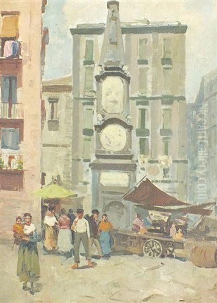 Italian Street Scene With Market Stalls Oil Painting by Lazzaro Pascini