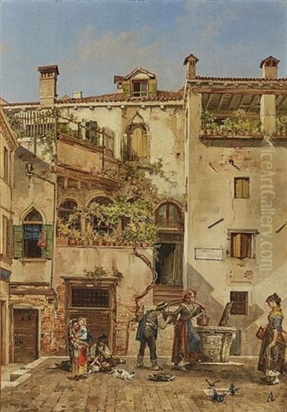 Venetian Street Scen Oil Painting by Antonio Pascutti