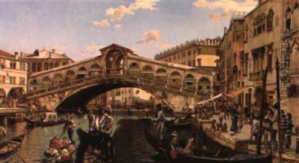 Market Day, The Rialto Bridge, Venice Oil Painting by Antonio Pascutti