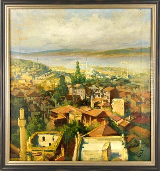 Konstantinopel-vedute Mit Blick Auf Den Bosporus Von Pera Uber Die Kaserne U. Tophane Moschee, Rechts Die Nusretiye Moschee Oil Painting by Halil Pasha