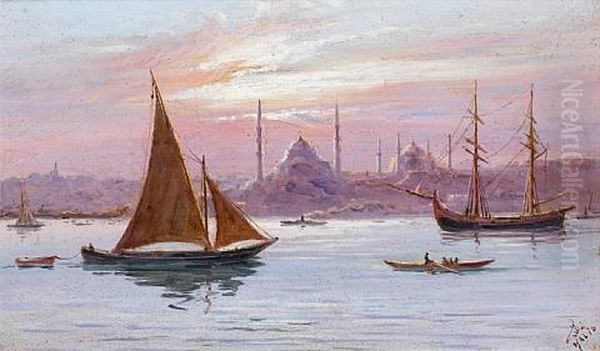 A View Of Constantinople From The Bosphorus (+ View Of The Bosphorus From Rumelihisari; Pair) Oil Painting by Halil Pasha