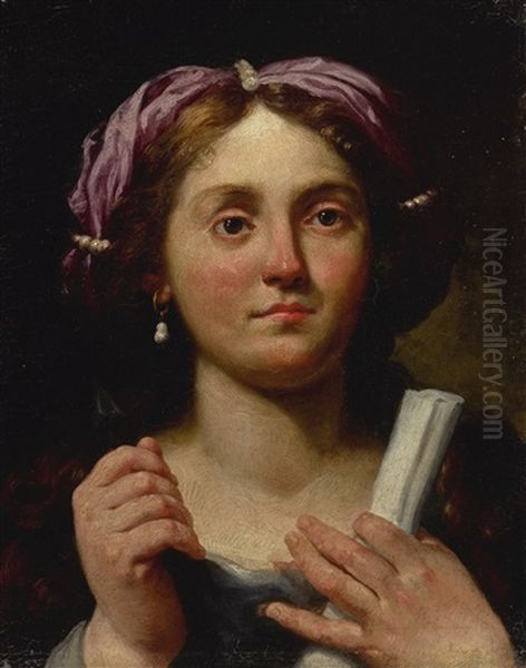 A Portrait Of A Lady, Possibly A Sibyl, Bust Length, Holding An Arrow And A Scroll Oil Painting by Lorenzo Pasinelli