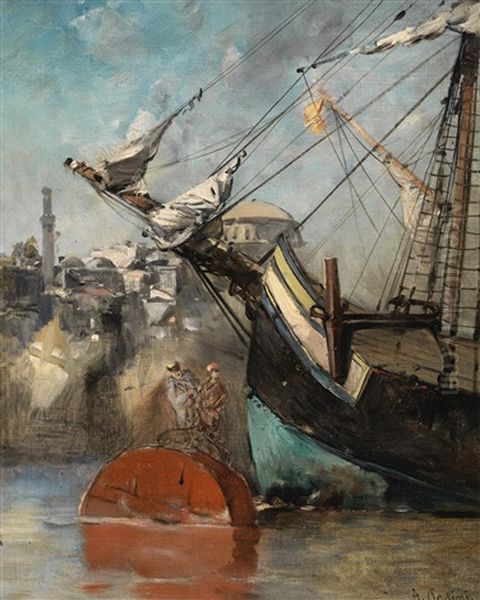 Ship At Anchor, Constantinople Oil Painting by Alberto Pasini