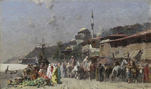 Marketplace On The Bosporus, Constantinople And The New Mosque Beyond Oil Painting by Alberto Pasini