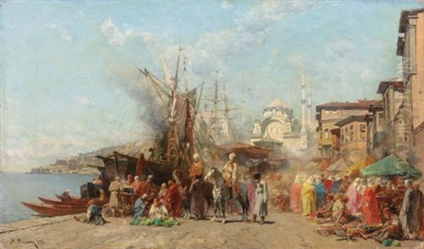 A Market Before Nusretiye Camii Mosque In Tophane Oil Painting by Alberto Pasini