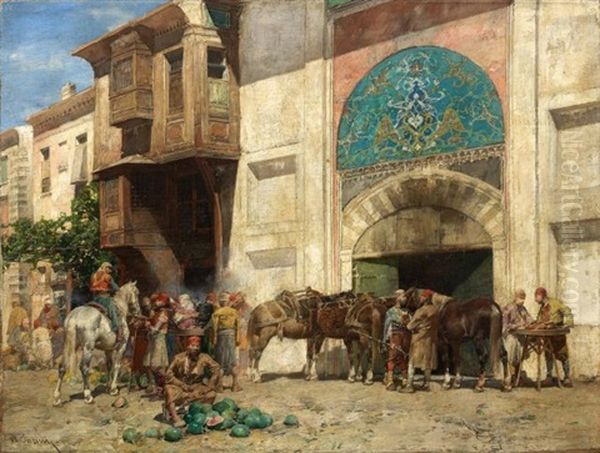 Cavaliers Devant La Porte Du Bazar Oil Painting by Alberto Pasini