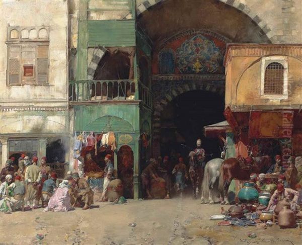 Marketplace At The Entrance To A Bazaar, Constantinople Oil Painting by Alberto Pasini