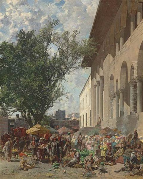 Mercato A Costantinopoli: A Busy Market In The Courtyard Of The New Mosque, Constantinople Oil Painting by Alberto Pasini