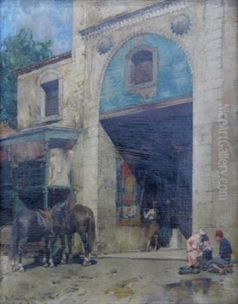 Personnages Et Chevaux Devant Une Mosquee Oil Painting by Alberto Pasini