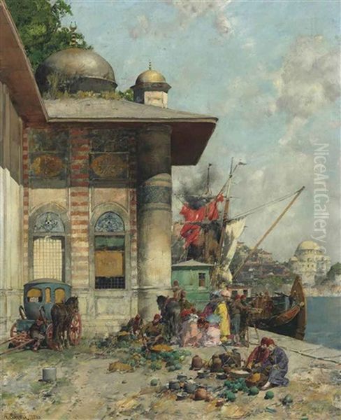 Market Day, A Capriccio Of The Old City Shores, Constantinople Oil Painting by Alberto Pasini