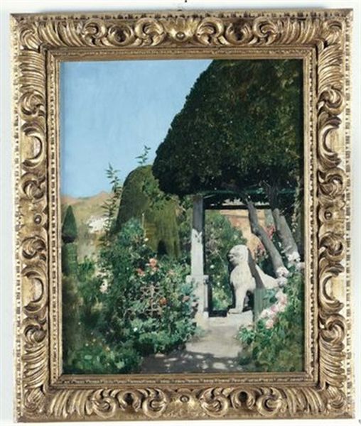 Giardino Con Statue Di Leoni (giardini Del Partal, Alhambra, Granada) Oil Painting by Alberto Pasini