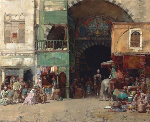 Marketplace At The Entrance To A Bazaar Oil Painting by Alberto Pasini