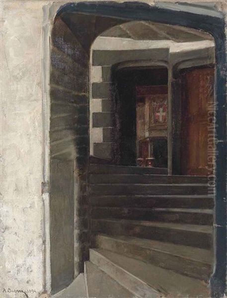 Stairs In The Maniero Di Issogne, Valle D'aosta Oil Painting by Alberto Pasini