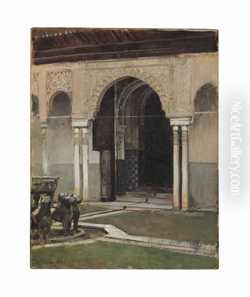 Teh Alhambra - Courtyard Of The Lions Oil Painting by Alberto Pasini