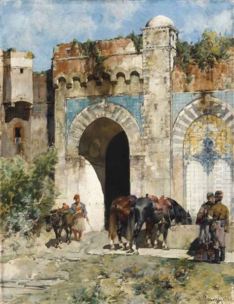 Watering The Horses Oil Painting by Alberto Pasini