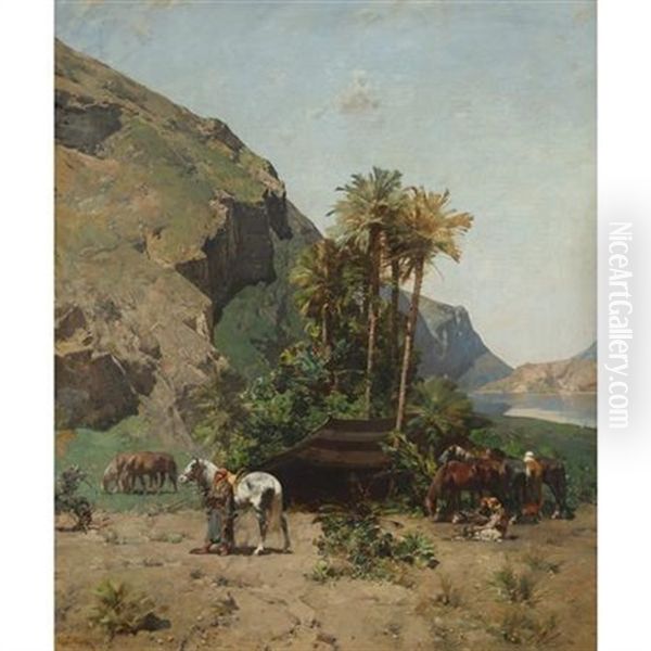 Arab Oasis Oil Painting by Alberto Pasini