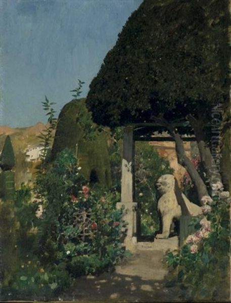 Giardino Con Statue Di Leoni (giardini Del Portal) Oil Painting by Alberto Pasini